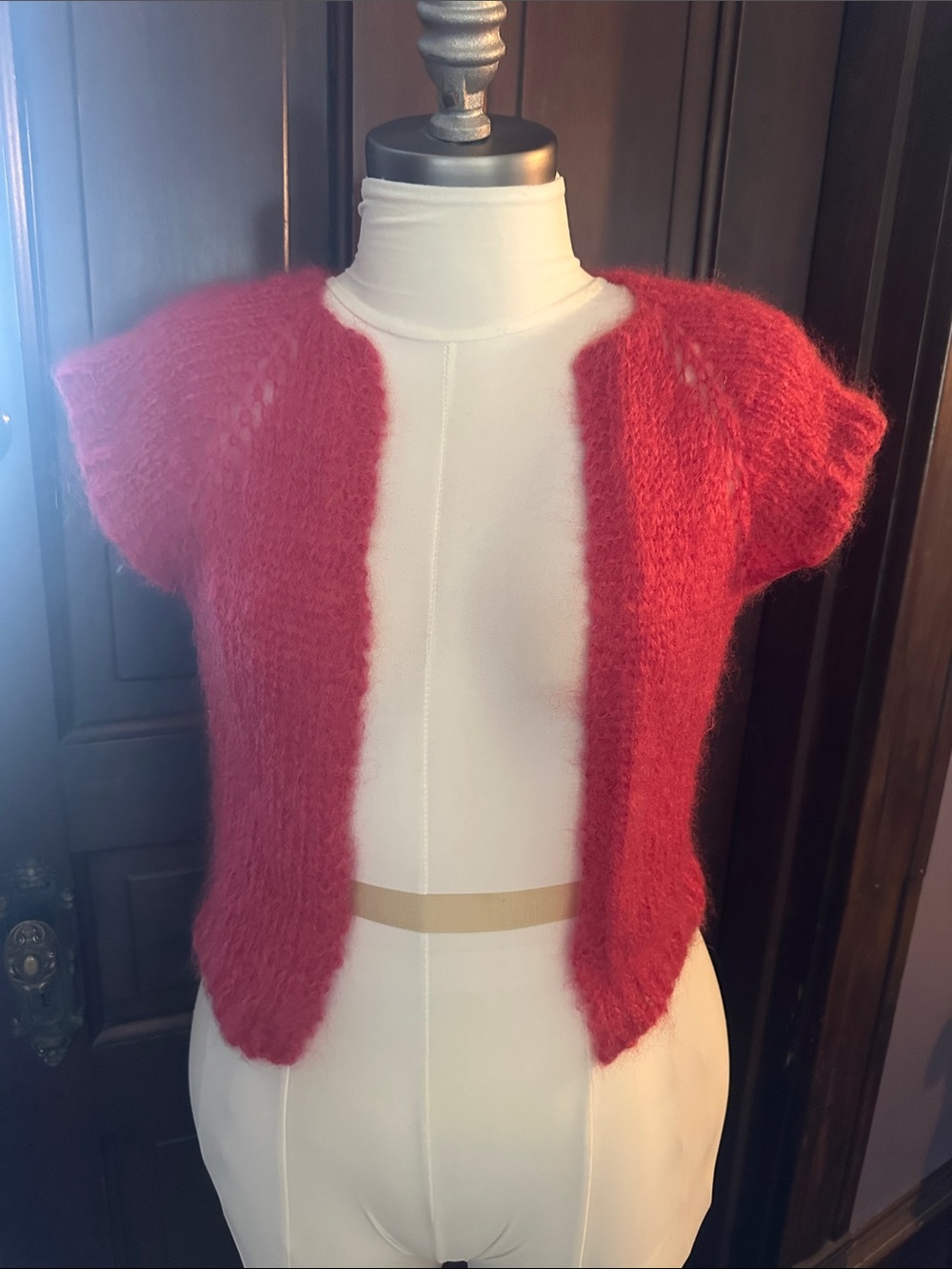 Soft Red Open-Front Fuzzy Knit Short-Sleeve Shrug